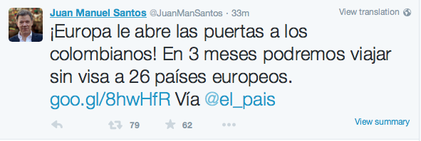 Tuit del presidente colombiano Juan Manuel Santos