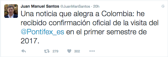 Tuit del Presidente Juan Manuel Santos